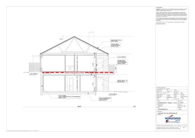 Snittegning (Snitt B) som viser bygningens tverrsnitt, høyder, takhøyder og innvendige romfordelinger.