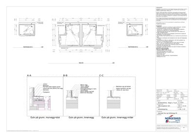 Tegning som viser detaljerte snitt (A-A, B-B, C-C) og planer (U01, U02) for gulvkonstruksjoner, inkludert tykkelser, materialer og nivåer.