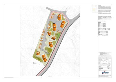 Situasjonsplan som viser plassering av flere bygninger (A-H) på en tomt med topografi, veier og arealoppdelinger.