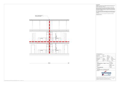 Snittegning som viser tverrsnitt gjennom bygningen med detaljerte mål og konstruksjonsdetaljer.