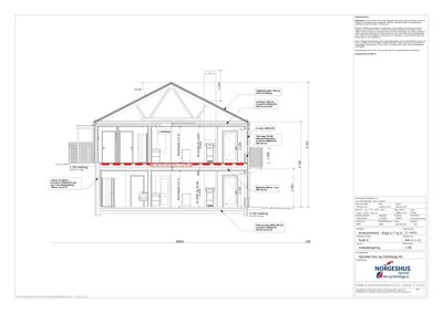 Snittegning (SBL) som viser bygningens tverrsnitt, høyder, konstruksjoner og romfordeling.