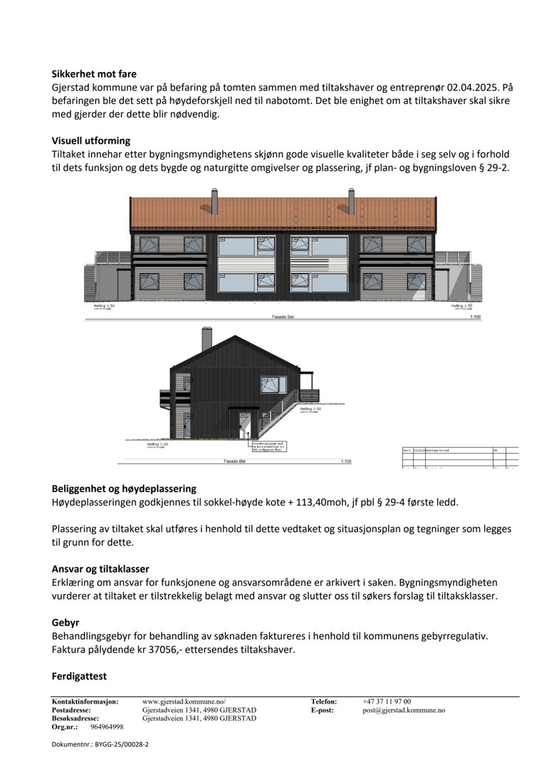 En 3D-visualisering (rendering) av en planlagt bygning med tekstbeskrivelser om sikkerhet, visuell utforming og beliggenhet.