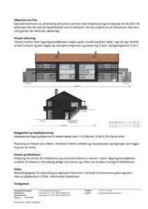 En 3D-visualisering (rendering) av en planlagt bygning med tekstbeskrivelser om sikkerhet, visuell utforming og beliggenhet.