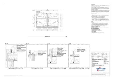 Dette bildet viser detaljtegninger (snitt D-D, E-E, F-F og G-G) som illustrerer hvordan etasjeskiller og yttervegger er konstruert med spesifikke materialer.