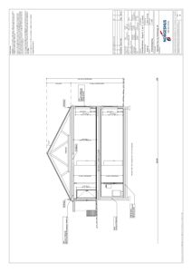 Fasadetegning som viser bygningens utside, takform og fasadepaneler.