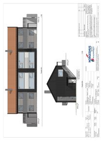 Fasadetegning som viser bygningens utseende fra fronten, inkludert vinduer, tak og fasadefarge.