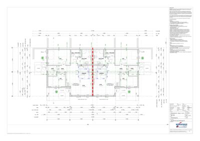 Etasjeplan (1. etasje) som viser romfordeling, dimensjoner og konstruksjonsdetaljer for en bygning.