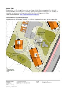 Situasjonsplan som viser tomtens oppdeling, plassering av bygninger (I og H), uteområder (Lekeplass B og C) og parkeringsplasser.