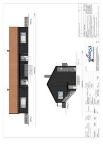 Fasadetegning som viser bygningens utseende fra to vinkler (Fasade Vest og Fasade Nord) med detaljer om materialer og vinduer.
