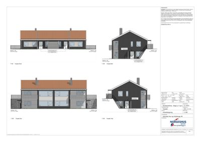 Fasadetegning som viser bygningens utseende fra fire sider (Nord, Sør, Øst, Vest) med detaljer om materialer og mål.