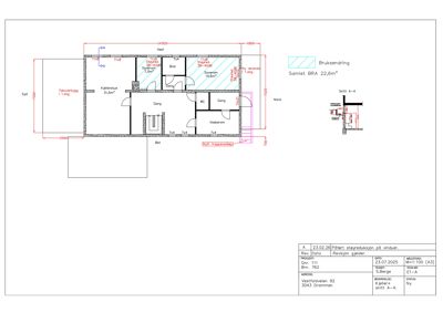 Etasjeplan (1. etasje) med romfordeling, mål og notater om bruksendring.
