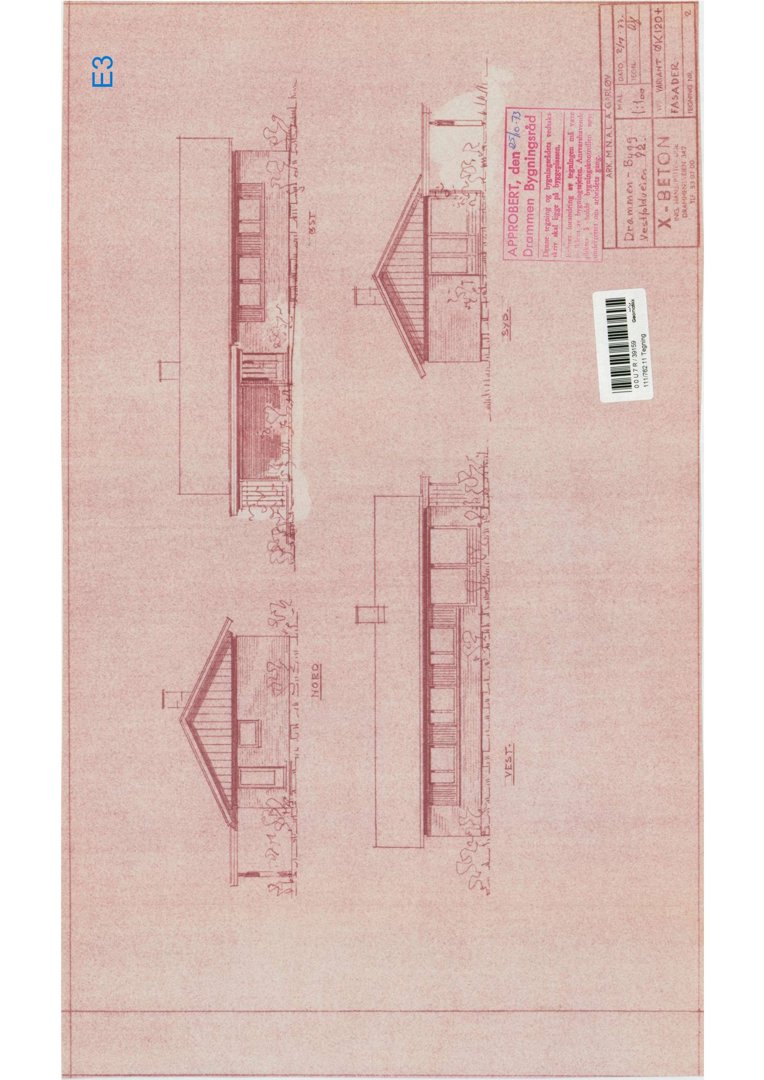 Fasadetegning som viser bygningens utsyn fra flere vinkler (f.eks. front, side og bakside) med detaljer om takform, vinduer og fasadepanel.