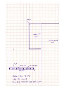 Teknisk detaljtegning som viser konstruksjonen av en 'BOD' (badevannsbod), inkludert vegg- og takkonstruksjon med spesifikke mål og materialer som 'GLAVA' og 'BETONG'.