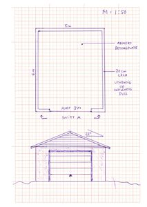 Snittegning av en garasje eller liten bygning, som viser både tverrsnittet av veggen og fasaden sett fra fronten.