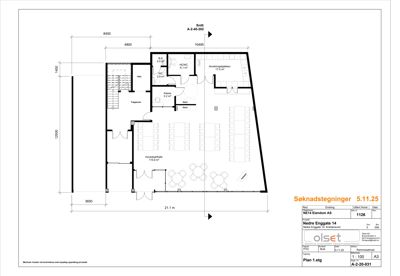 Etasjeplan (Plan 1.etg) som viser romfordeling, dimensjoner og arealer for et kontorbygg.