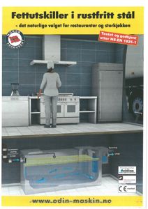 Fotografi av en kjøkkeninnredning med person og utstyr, samt illustrasjon av fettutskiller under gulvet.