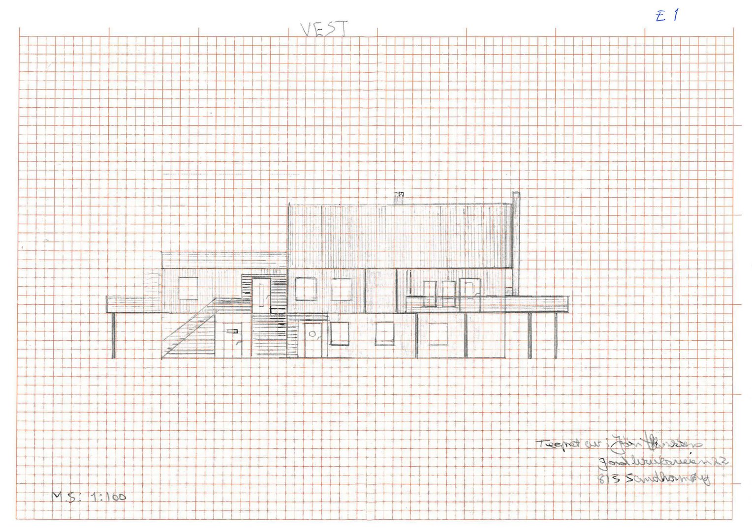 Håndtegnet fasade (opprikk) av en bygning sett fra vest.