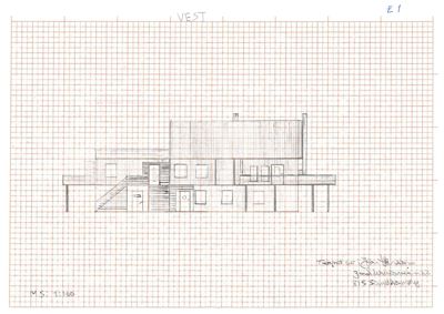 Håndtegnet fasade (opprikk) av en bygning sett fra vest.