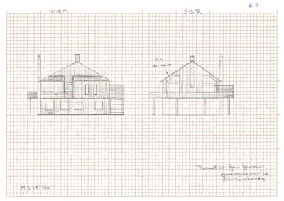 Håndtegnet fasadetegning som viser bygningens utseende sett fra nord og sør, med mål og arkitektoniske detaljer.