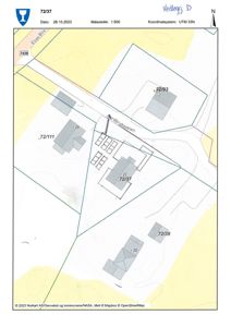 Situasjonsplan som viser eiendomsinndeling (72/37, 72/93, 72/111 osv.), bygningers plassering, veier (Elve Blix, Nordbruksveien) og koordinatsystem.