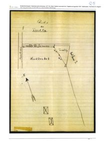Situasjonsplan tegnet for hånd som viser eiendomsgranser, vei, og eiendomsnavn.