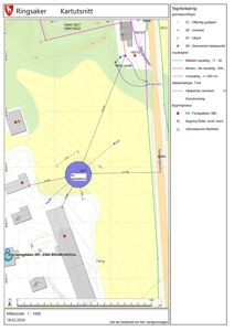 Kartutsnitt som viser topografi, eiendomsgrenser, naboeiendommer og bygningers plassering i Ringsaker kommune.