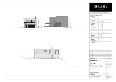 Fasadetegning som viser bygningens utseende sett fra sør og øst, inkludert detaljer om takform, vinduer og grunnplan.