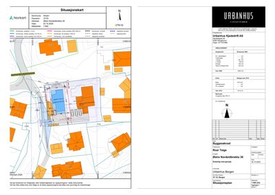 Situasjonskart som viser tomtens beliggenhet, naboeiendommer, veier og bygningers plassering med arealopplysninger.