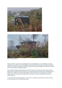 Fotografi av en eksisterende eller planlagt bolig (Østre Nordeidbrekka 51) sett fra et visshøyde, med tekstbeskrivelse om tiltaket og dispensasjon.