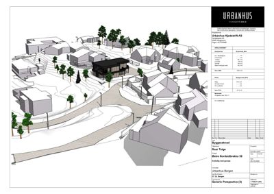 3D-visualisering (rendering) av et byggeprosjekt med omgivelsene, inkludert terreng, veier og nabobebyggelse.