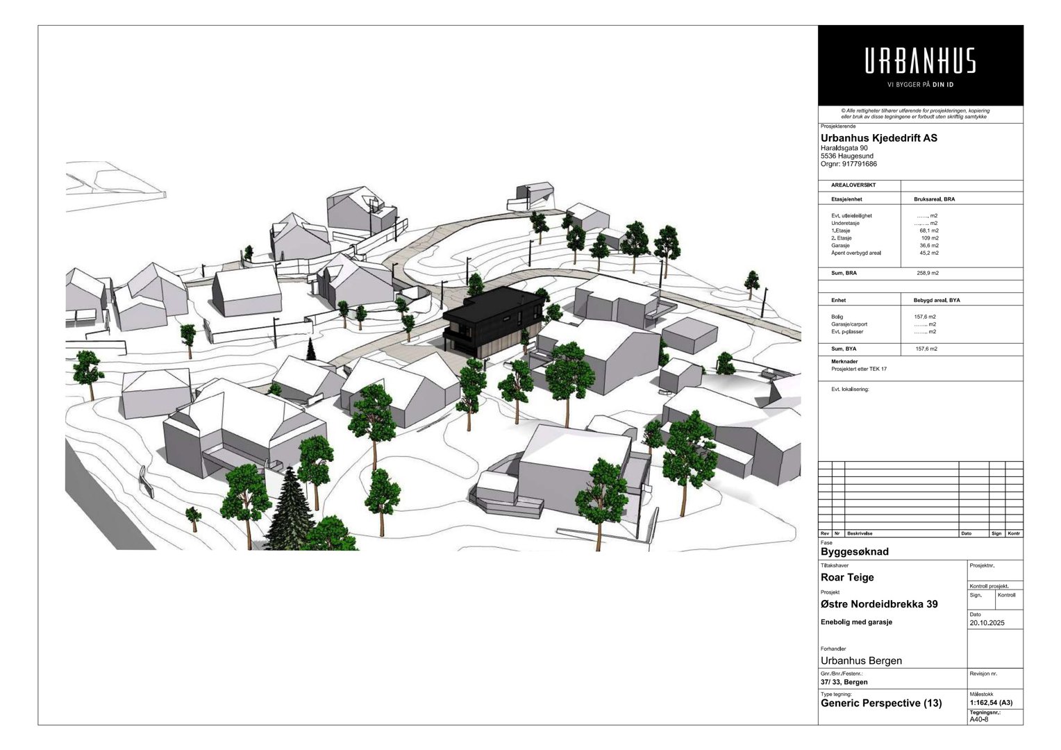 3D-visualisering (rendering) av et byggeprosjekt sett fra en vinkel som viser både bygninger, terreng og trær.