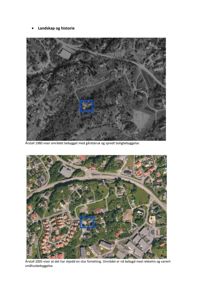 Bildet viser to årstallsbilder (1980 og 2005) som er flyfotoer eller satellittbilder av et område, med en blå boks som markerer en spesifikk tomt.