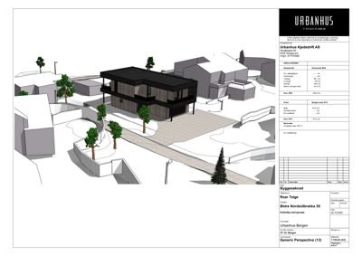 3D-visualisering av en planlagt bygning (Urbanhus) sett fra et visshøyde, inkludert omgivelsene, trær og vei.