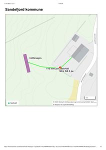 Kart fra Norkart som viser tomt, veg (Arnholtoppen) og en planlagt infiltrasjon.