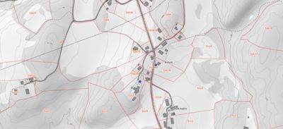 Kart over et område med topografi (konturlinjer), eiendomsgrenser (røde linjer), veier og plassering av bygninger.