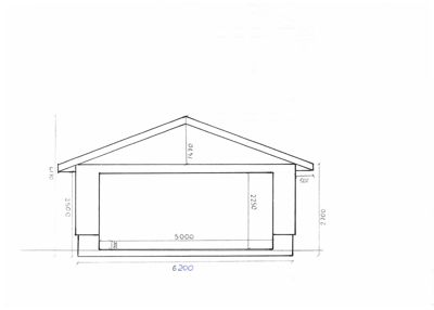 Fasadetegning som viser opprisset av en bygning sett fra siden, med angitte mål for takhøyde, vegghøyder og bredde.
