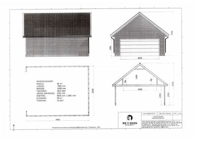 Fasadetegning som viser fronten og siden av en bygning (garasje) med mål og spesifikasjoner.