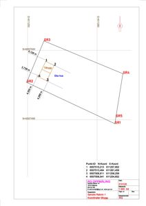 Situasjonsplan (oppmåling) som viser tomtens geometri, punkt-koordinater, grenser (GR1-GR5) og plassering av eksisterende hus og nytt tilbygg.