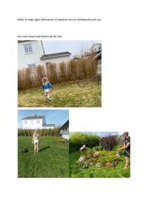 Fotografier av en hage og hus sett fra bakgårdssiden, inkludert bilder av barn som leker og en mann som vanner.