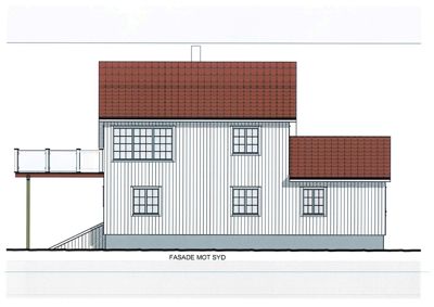 Fasadetegning av en bygning sett fra sør (FASADE MOT SYD), som viser tak, vinduer, fasademateriale og en balkong.