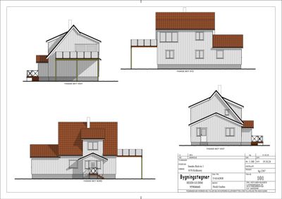 Fasadetegning for en bygning med oppriss mot vest, syd og nord.