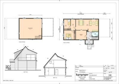 Plantegning som viser romfordeling og dimensjoner for etasjene i en bolig, samt snittegninger (A-A og B-B) av fasaden.