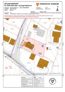 Situasjonskart for eiendom i Kråkerøy som viser bygninger, vegger, arealbruk og grenser.