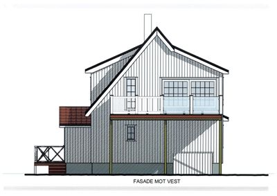 Fasadetegning av en toetasjes bygning sett fra vest, med detaljer om vinduer, balkonger og takform.
