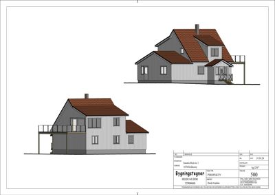 Perspektivtegning (rendering) av en bolig med to fasader, tegnet i arkitektkontor.
