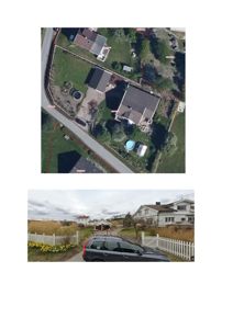 Bildet inneholder to bilder: øverst et flyfoto (satellittbilde) av eiendom med tomtegrenser, og nederst et fotografi tatt fra bakkenivå som viser husene og omgivelsene.