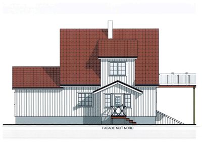 Fasadetegning av en bygning sett fra nord, med detaljer om tak, vinduer, inngang og trapp.