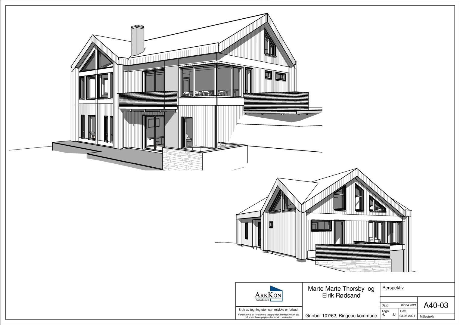 Perspektivtegning (rendering) av en planlagt bolig med to fasader.