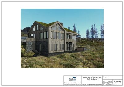 3D-visualisering (perspektiv) av en planlagt hytte med grønt tak og stein/panel fasade.
