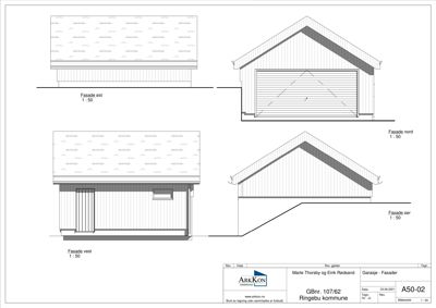 Fasadetegning som viser oppriss av en garasje sett fra fire sider (øst, vest, nord og sør).